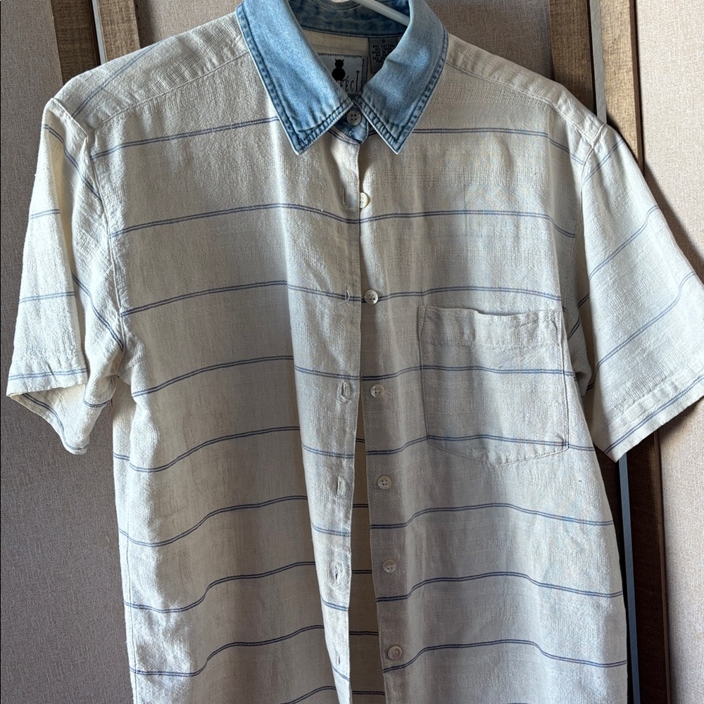 Krazy Kat Striped Short Sleeve linen blend Shirt with Denim Collar small
